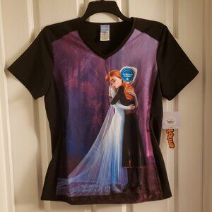 Disney Frozen Tooniforms Scrub Top Anna & Elsa Hugging V-Neck Shirt Black Purple
